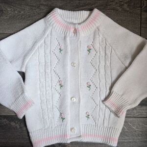 Vintage Tiny Tots Baby Cardigan Sweater 0-3 Months White Pink Rose Embroidered